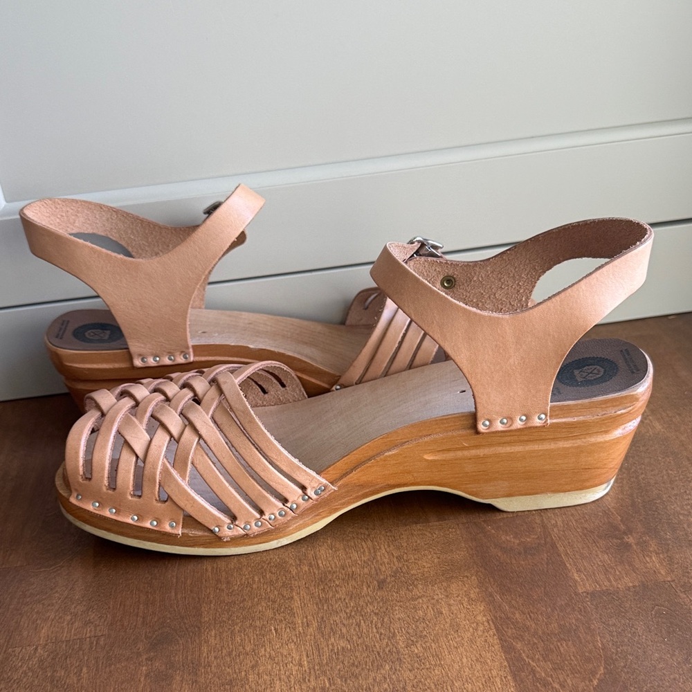 Troentorp Swedish clogs Anna tan leather wood Wedge Sandals - Picture 6 of 8
